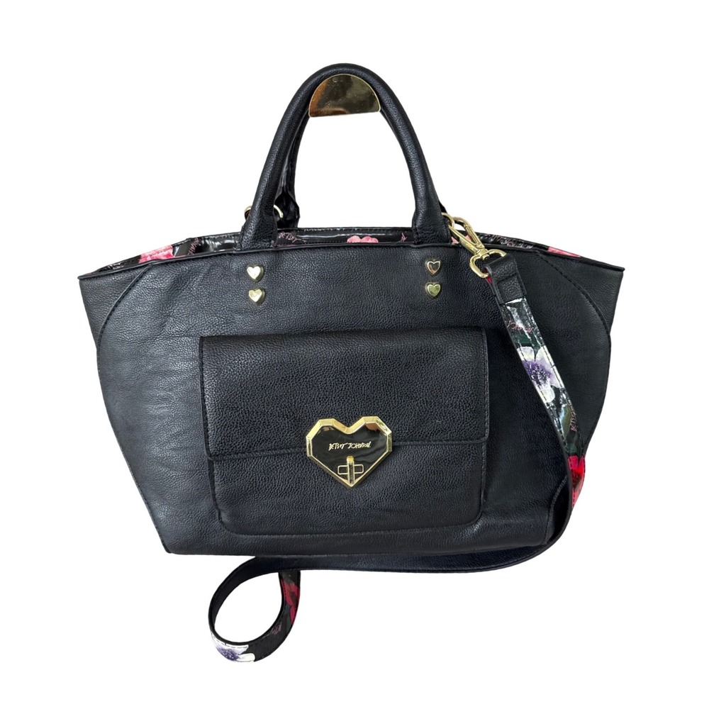 Betsey Johnson Gigi satchel Bag Medium Black Excellent Floral Heart Crossbody